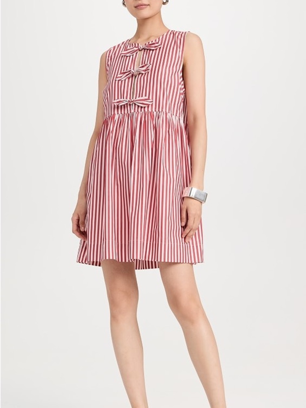 Ganni Barbados Cherry Stripe Cotton Mini Bow Tie Dress